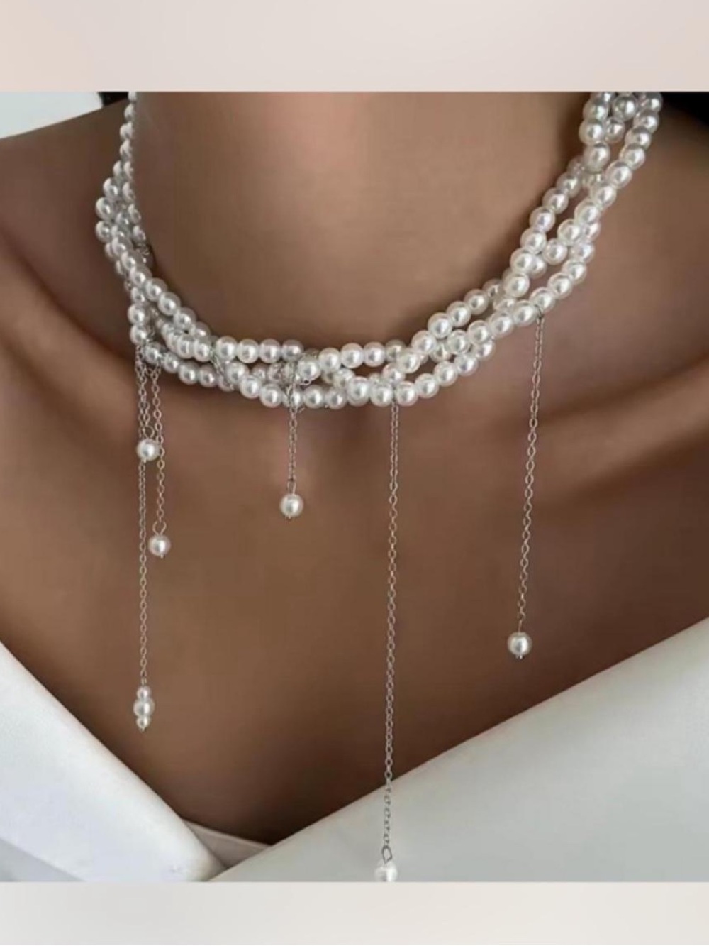 Kohl's White Multi-Strand Pearl Choker with Dangling Chains